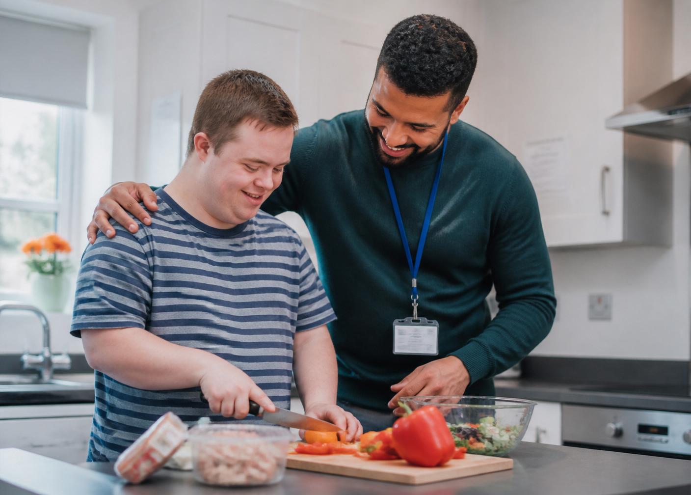 Carer supporting a young man in the kitchen