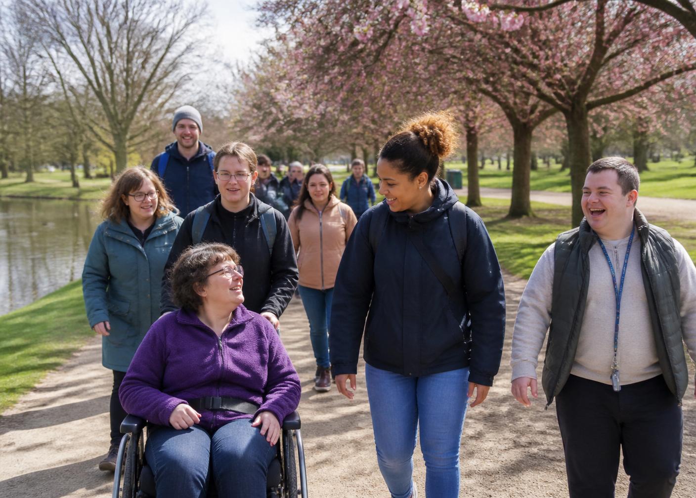 A group with learning disabilities and carers walking together