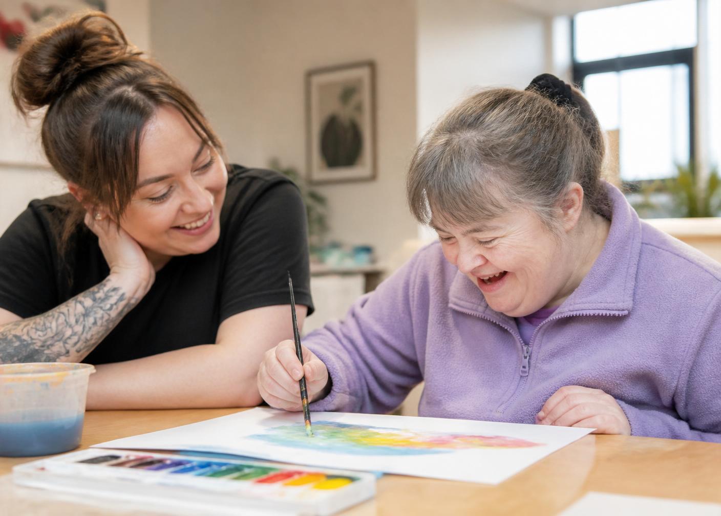 A carer and a woman with a learning disability painting together